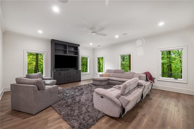 306 Pinecrest Rd NE, Atlanta, GA 30342 - living area with plenty of natural light, ceiling fan, recessed lighting, crown molding, and wood finished floors