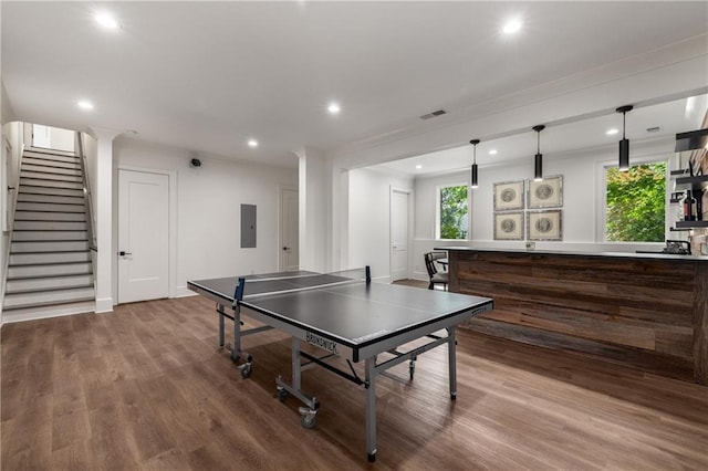 306 Pinecrest Rd NE, Atlanta, GA 30342 - recreation room with electric panel, recessed lighting, and wood finished floors
