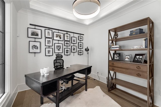 306 Pinecrest Rd NE, Atlanta, GA 30342 - home office with wood finished floors, a tray ceiling, baseboards, and ornamental molding
