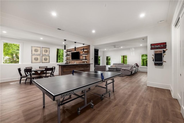 306 Pinecrest Rd NE, Atlanta, GA 30342 - rec room with baseboards, healthy amount of natural light, dark wood finished floors, recessed lighting, and a ceiling fan