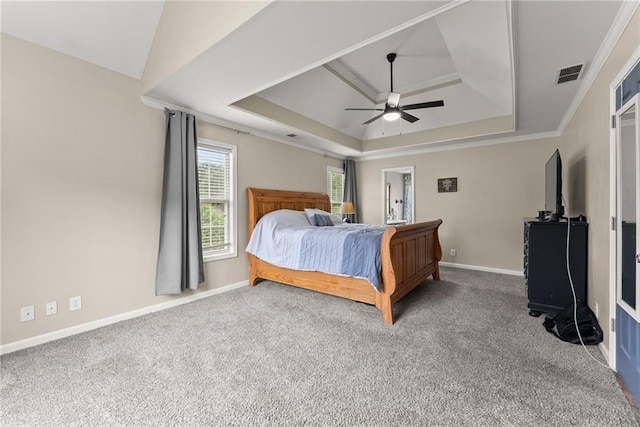 3625 Wapakonata Trl, Bethlehem, GA 30620 - carpeted bedroom featuring a raised ceiling, baseboards, a ceiling fan, and crown molding