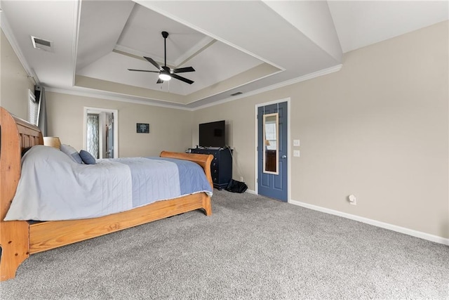 3625 Wapakonata Trl, Bethlehem, GA 30620 - carpeted bedroom featuring a raised ceiling, baseboards, crown molding, and ceiling fan