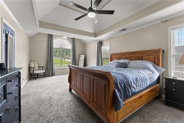 3625 Wapakonata Trl, Bethlehem, GA 30620 - carpeted bedroom with multiple windows, a ceiling fan, a tray ceiling, and baseboards