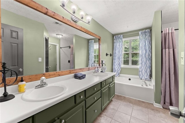 3625 Wapakonata Trl, Bethlehem, GA 30620 - bathroom with a textured ceiling, double vanity, a bath, tile patterned flooring, and a shower