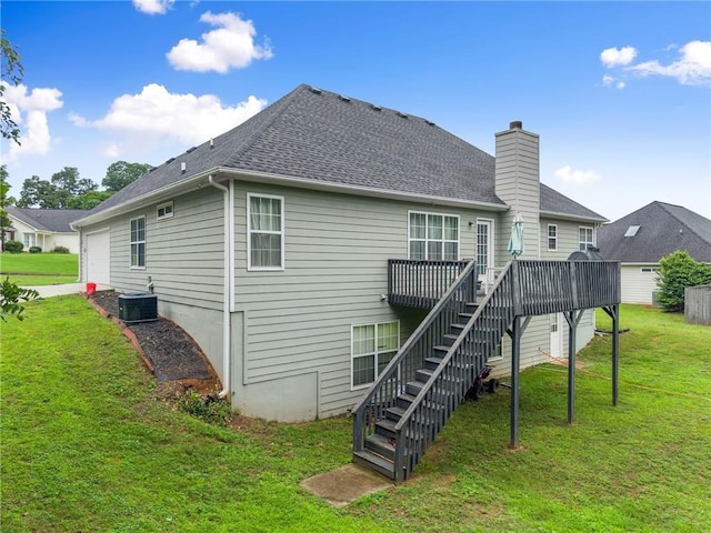 3625 Wapakonata Trl, Bethlehem, GA 30620 - back of house featuring stairs, a deck, central AC unit, roof with shingles, and a chimney