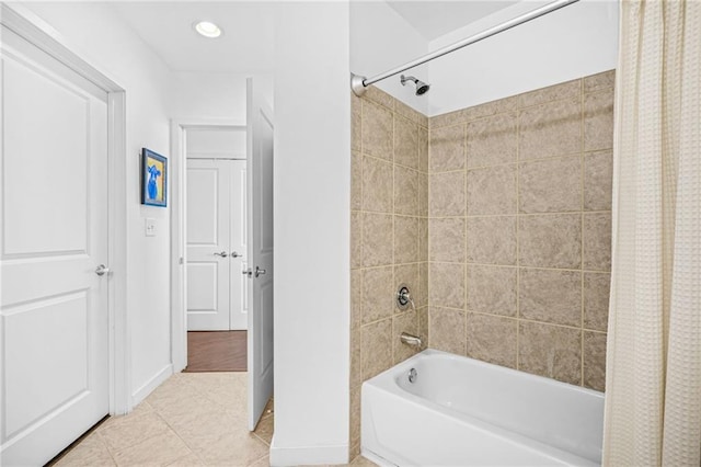 full bathroom with tile patterned flooring, recessed lighting, shower / bathtub combination with curtain, and baseboards