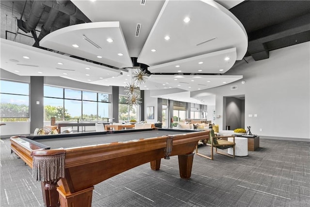 game room featuring billiards, carpet flooring, a healthy amount of sunlight, and recessed lighting