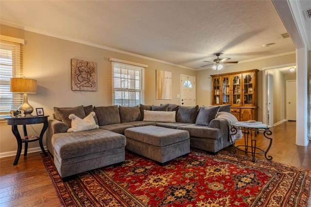 living room featuring crown molding, plenty of natural light, a textured ceiling, and dark wood-type flooring