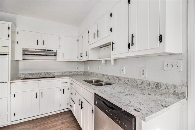 7935 Sweetwater Dr, Douglasville, GA 30135 - kitchen featuring dishwasher, under cabinet range hood, black electric stovetop, and white cabinetry