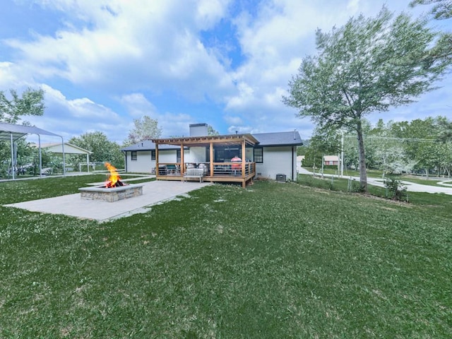 464 Mason Dr, Canton, GA 30115 - back of house featuring a fire pit, a lawn, a pergola, and a wooden deck