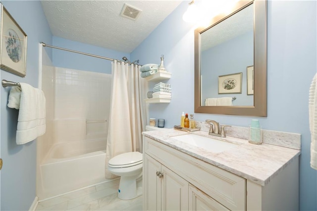 2305 Keenland Ct, Cumming, GA 30040 - bathroom featuring vanity, toilet, shower / tub combo with curtain, marble look tile flooring, and a textured ceiling