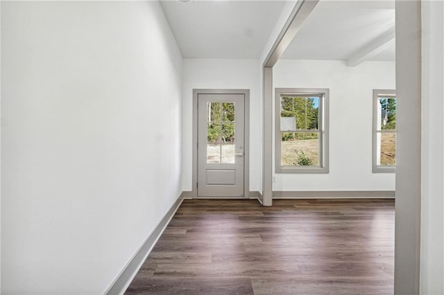 doorway to outside featuring beam ceiling and dark hardwood / wood-style floors