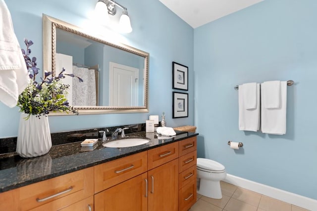 full bath with tile patterned floors, vanity, toilet, baseboards, and a shower with curtain