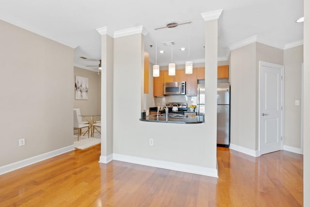 kitchen with appliances with stainless steel finishes, ceiling fan, crown molding, light wood-style flooring, and a sink