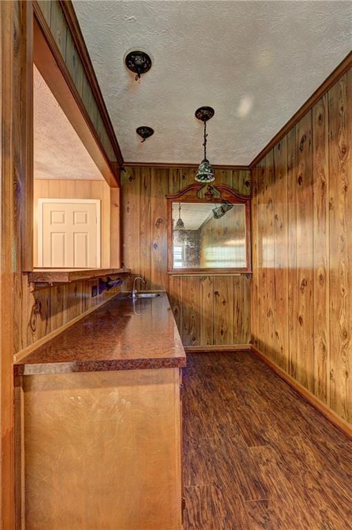 bar with dark wood-style floors, wooden walls, a sink, baseboards, and a textured ceiling