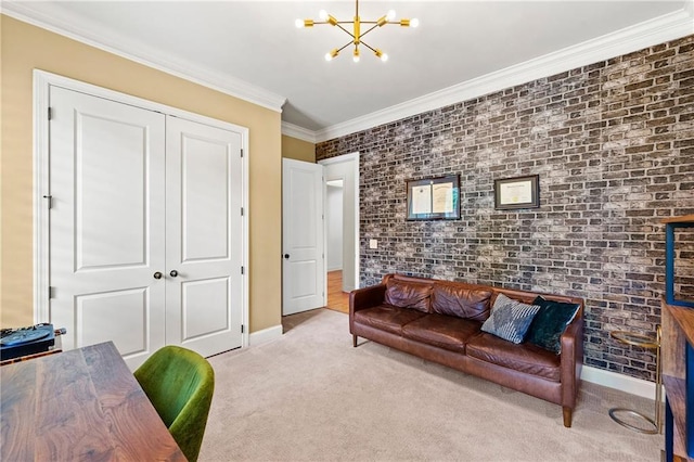 2317 Whiting Bay Cts NW, Kennesaw, GA 30152 - living area with a chandelier, carpet flooring, brick wall, and crown molding