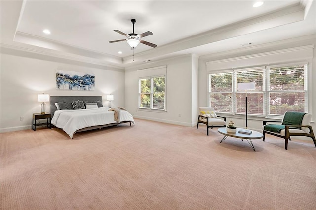 2317 Whiting Bay Cts NW, Kennesaw, GA 30152 - bedroom featuring a raised ceiling, light carpet, crown molding, recessed lighting, and a ceiling fan