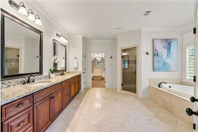 2317 Whiting Bay Cts NW, Kennesaw, GA 30152 - bathroom featuring double vanity, a shower stall, a bath, crown molding, and tile patterned flooring