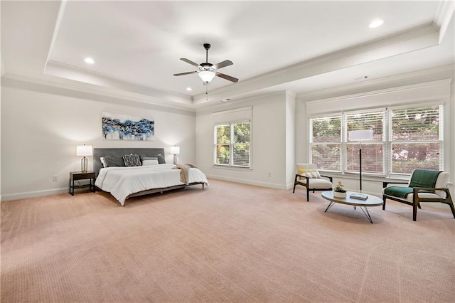 2317 Whiting Bay Cts NW, Kennesaw, GA 30152 - bedroom with a tray ceiling, light colored carpet, ornamental molding, recessed lighting, and a ceiling fan