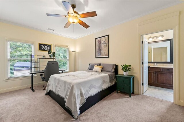 2317 Whiting Bay Cts NW, Kennesaw, GA 30152 - bedroom with light carpet, ornamental molding, ensuite bathroom, and ceiling fan