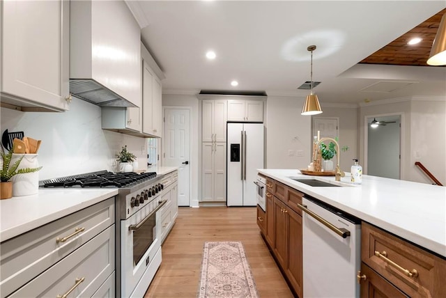 455 Sams Rd, Dawsonville, GA 30534 - kitchen featuring white appliances, a sink, wall chimney exhaust hood, recessed lighting, and light countertops