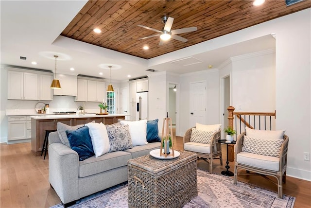 455 Sams Rd, Dawsonville, GA 30534 - living room featuring wood ceiling, light wood-style flooring, ceiling fan, baseboards, and recessed lighting