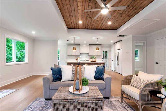 455 Sams Rd, Dawsonville, GA 30534 - living room featuring a raised ceiling, baseboards, light wood-style flooring, wooden ceiling, and a ceiling fan
