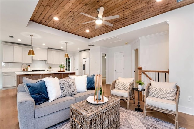 455 Sams Rd, Dawsonville, GA 30534 - living area with wood ceiling, a raised ceiling, ceiling fan, recessed lighting, and baseboards