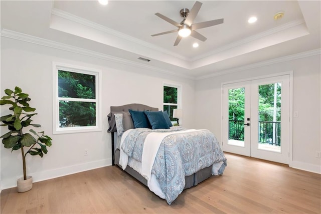 455 Sams Rd, Dawsonville, GA 30534 - bedroom featuring a raised ceiling, french doors, access to outside, light wood-type flooring, and recessed lighting
