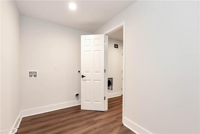 455 Sams Rd, Dawsonville, GA 30534 - laundry area featuring baseboards, dark wood-type flooring, hookup for a washing machine, electric dryer hookup, and recessed lighting