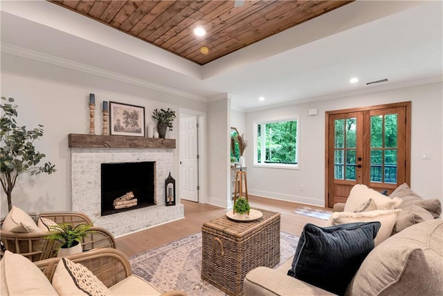 455 Sams Rd, Dawsonville, GA 30534 - living room featuring light wood-style floors, ornamental molding, wood ceiling, recessed lighting, and a fireplace