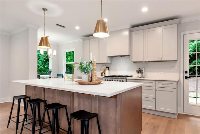 455 Sams Rd, Dawsonville, GA 30534 - kitchen featuring ornamental molding, light wood-style flooring, light countertops, custom exhaust hood, and a breakfast bar
