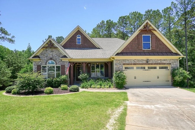 23 Durana Ct, Dallas, GA 30132 - craftsman-style house with a front lawn, roof with shingles, concrete driveway, a standing seam roof, and stone siding