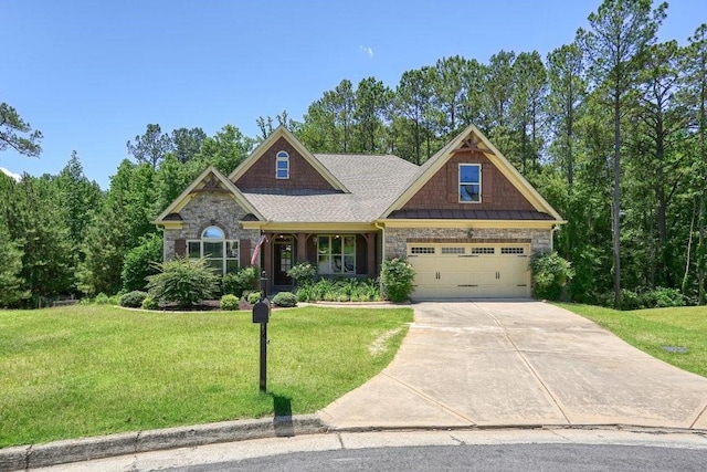 23 Durana Ct, Dallas, GA 30132 - craftsman-style house with stone siding, a front yard, driveway, and a standing seam roof