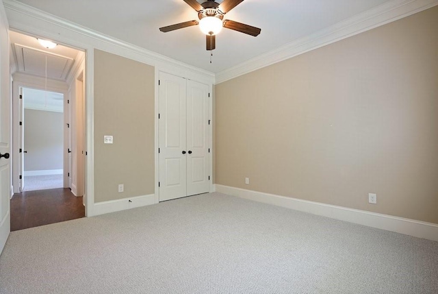 23 Durana Ct, Dallas, GA 30132 - unfurnished bedroom featuring attic access, carpet floors, crown molding, baseboards, and ceiling fan