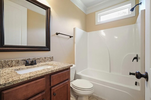23 Durana Ct, Dallas, GA 30132 - full bathroom featuring toilet, vanity, ornamental molding, and shower / washtub combination