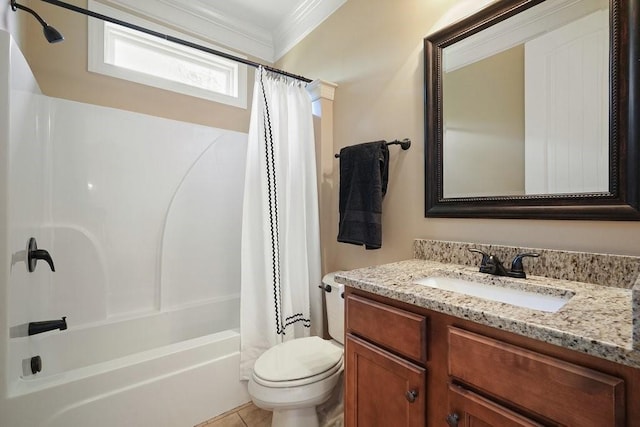 23 Durana Ct, Dallas, GA 30132 - full bathroom featuring vanity, toilet, shower / bath combination with curtain, and crown molding