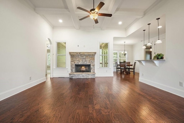 23 Durana Ct, Dallas, GA 30132 - living area featuring coffered ceiling, ceiling fan, dark wood-type flooring, a fireplace, and baseboards