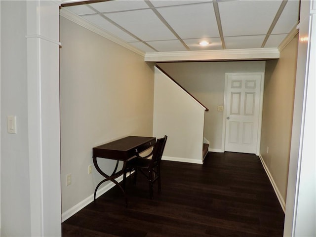 hall featuring crown molding, dark wood finished floors, baseboards, and stairs