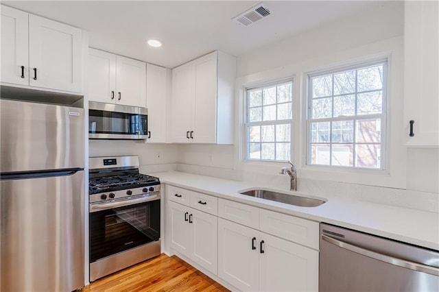 kitchen with white cabinetry, sink, stainless steel appliances, and light wood-type flooring