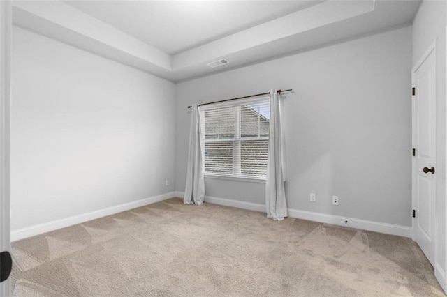 spare room featuring light colored carpet and a tray ceiling