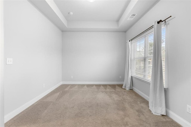 carpeted spare room featuring a tray ceiling