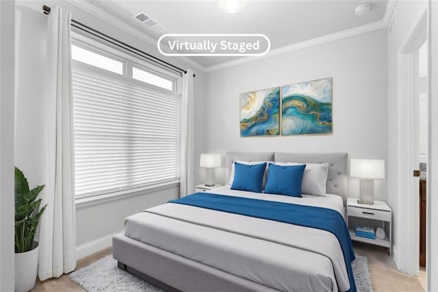 bedroom featuring ornamental molding and light colored carpet