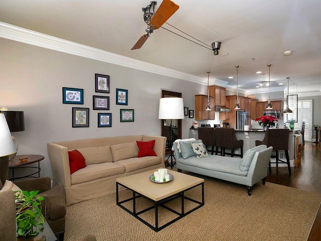 living room featuring dark wood-style floors, ceiling fan, crown molding, and recessed lighting