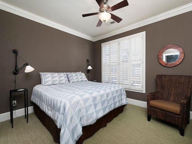 bedroom featuring ornamental molding, carpet, visible vents, and baseboards