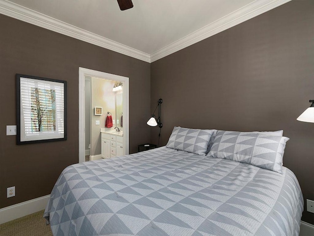 bedroom featuring ceiling fan, baseboards, connected bathroom, and ornamental molding