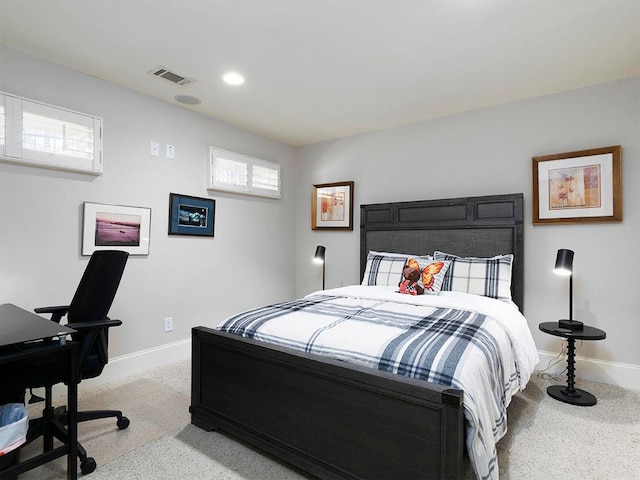 bedroom with recessed lighting, visible vents, and baseboards