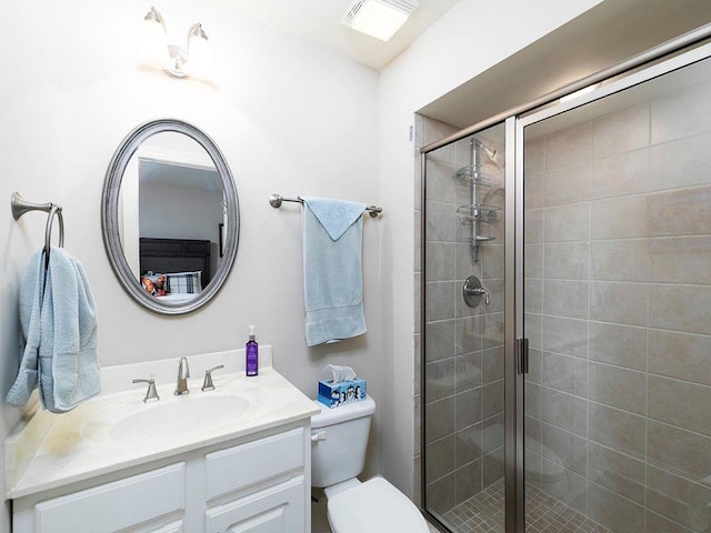 full bath with toilet, a stall shower, vanity, and visible vents