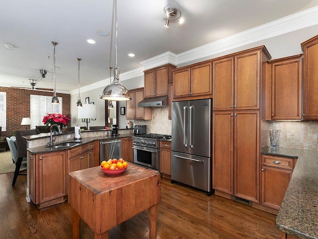 kitchen with brown cabinets, high end appliances, a sink, a peninsula, and under cabinet range hood