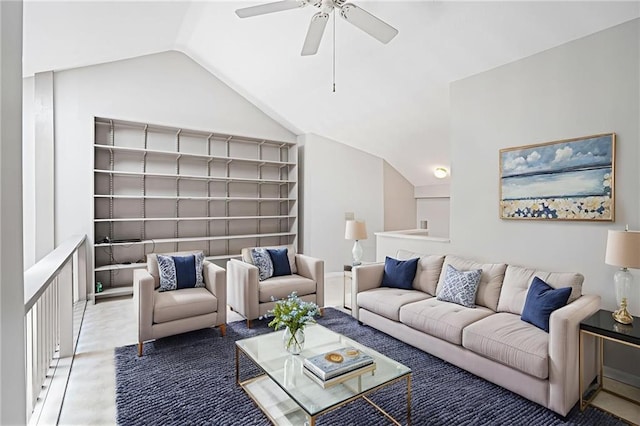 1822 Commonwealth Dr, Woodstock, GA 30188 - living room with built in shelves, ceiling fan, and lofted ceiling